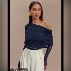 Meshki Everly Sheer Mesh Off Shoulder Top in Dark Navy